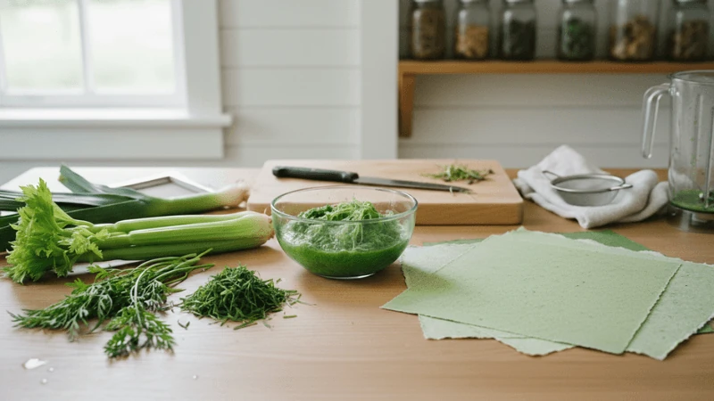 Fresh garden and vegetable material prepared for papermaking
