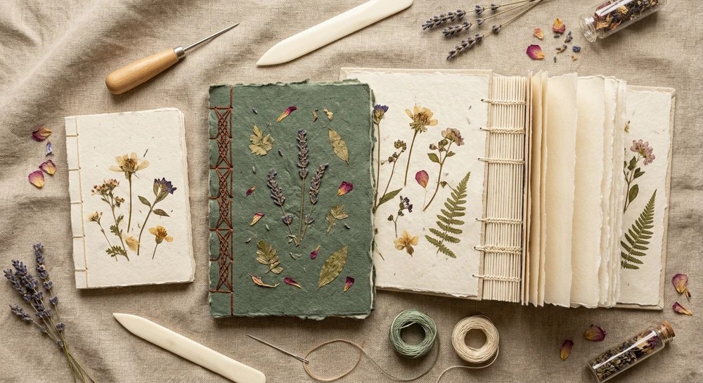 Hand-bound journals made from handmade paper with exposed stitching