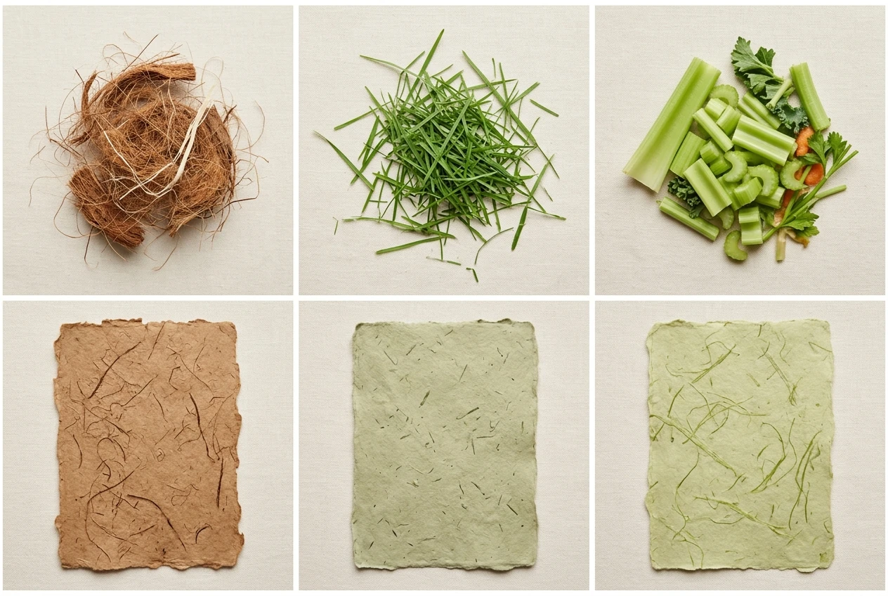 Six-panel grid showing coconut husk, grass clippings and celery scraps above the three finished sheets of paper each one produces