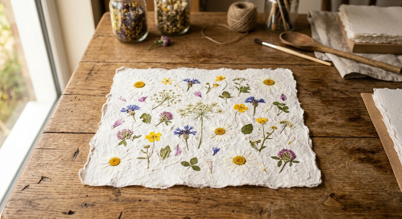 Handmade paper with pressed daisies and botanicals embedded in the pulp